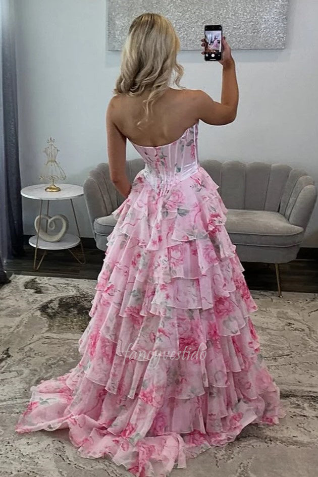 Pink Floral Print Applique Corset A-Line Ruffle Prom Dress FancyVestido Pink Floral Print Applique Corset A-Line Ruffle Prom Dress FancyVestido