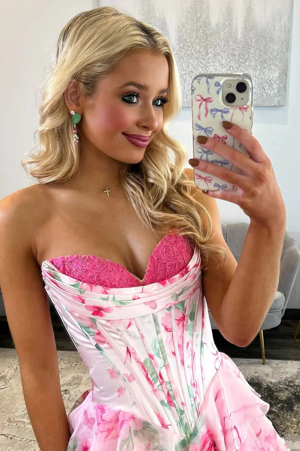 Pink Floral Print Applique Corset A-Line Ruffle Prom Dress