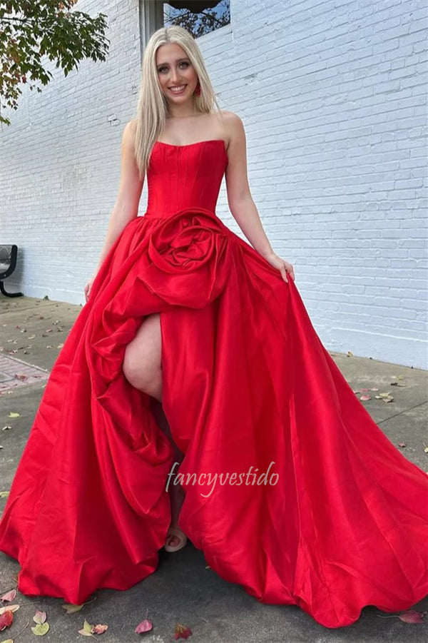 Strapless Coop Neck Red Satin A-Line Prom Dress with Floral