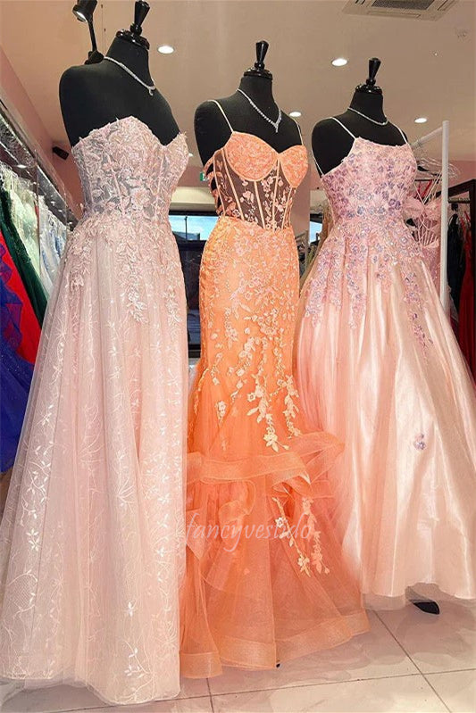 Spaghetti Straps Orange Applique Tiered Mermaid Prom Dress