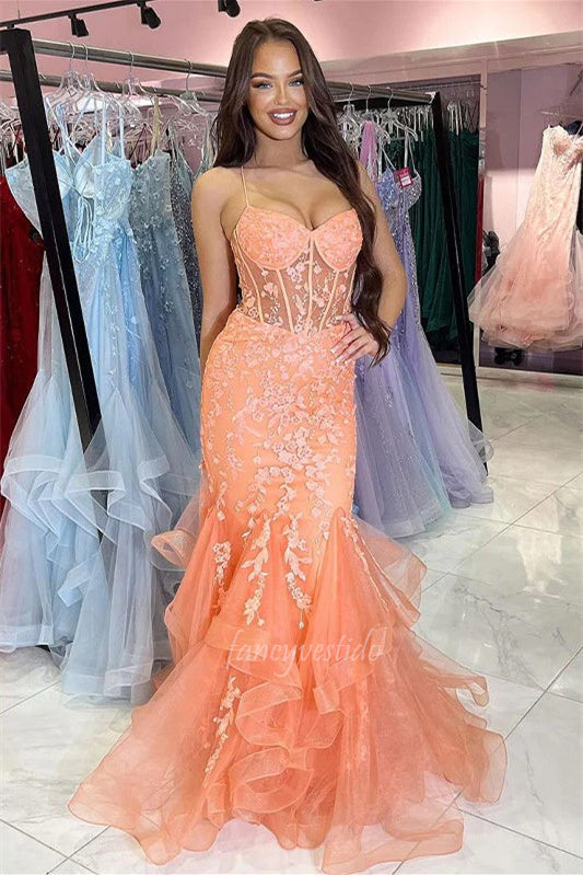 Spaghetti Straps Orange Applique Tiered Mermaid Prom Dress
