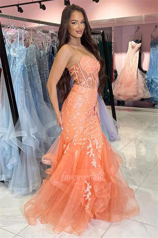 Spaghetti Straps Orange Applique Tiered Mermaid Prom Dress