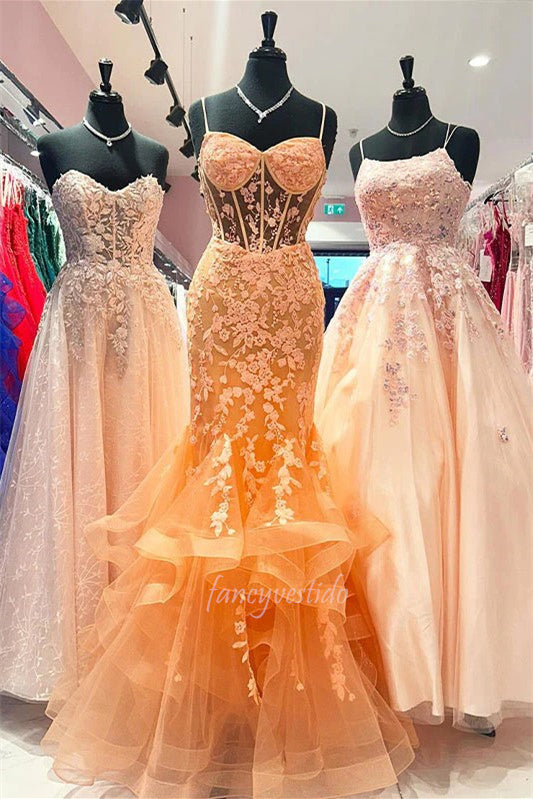 Spaghetti Straps Orange Applique Tiered Mermaid Prom Dress