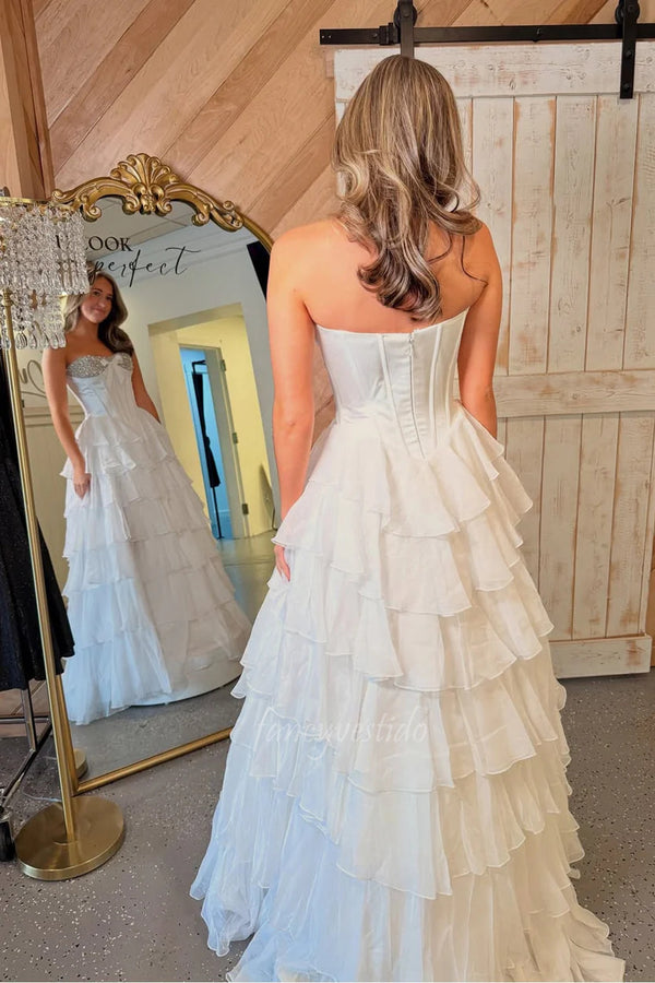 Strapless Sequin Beaded Boned Ruffle A-Line Chiffon Prom Dress