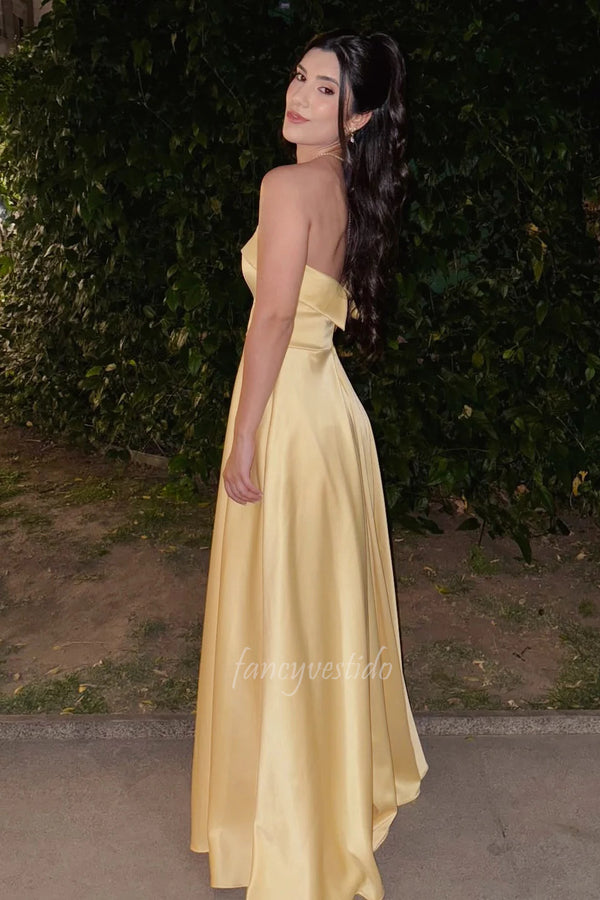 Elegant Yellow Strapless A-line Satin Prom Dress with Slit
