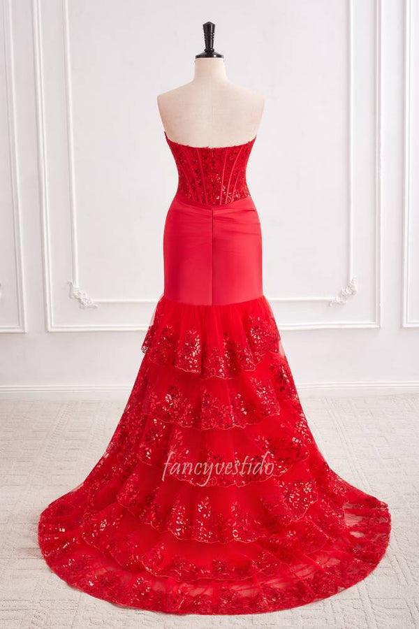 Red Sweetheart Sequin Pleated Ruffle Mermaid Prom Dress