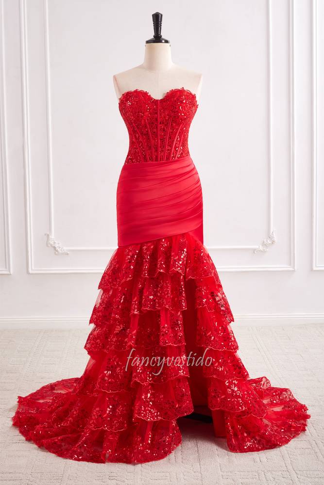 Red Sweetheart Sequin Pleated Ruffle Mermaid Prom Dress