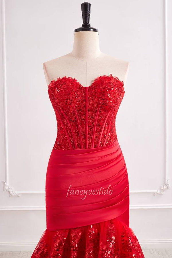 Red Sweetheart Sequin Pleated Ruffle Mermaid Prom Dress