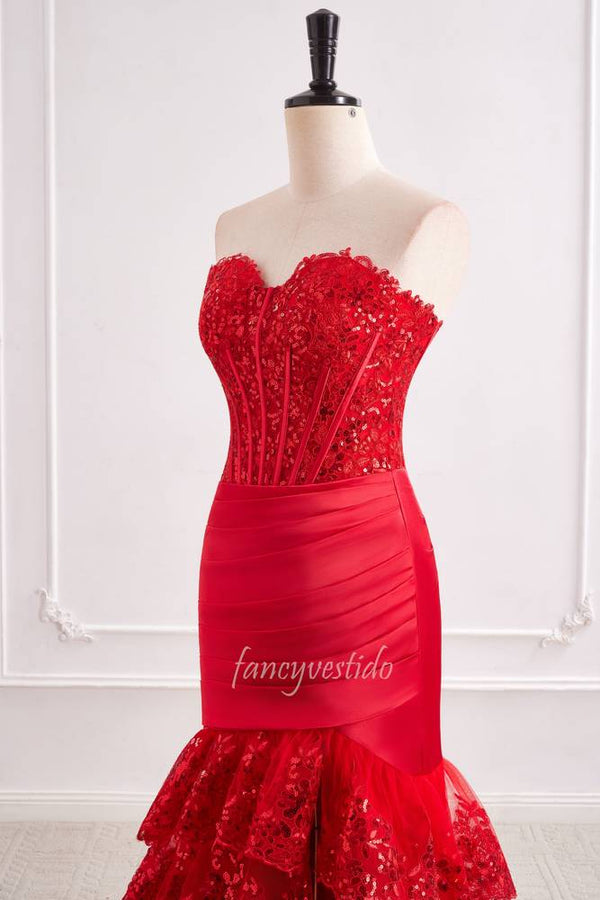 Red Sweetheart Sequin Pleated Ruffle Mermaid Prom Dress