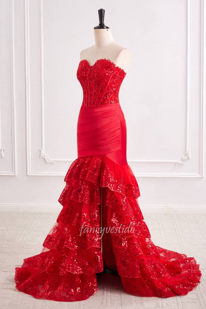 Red Sweetheart Sequin Pleated Ruffle Mermaid Prom Dress