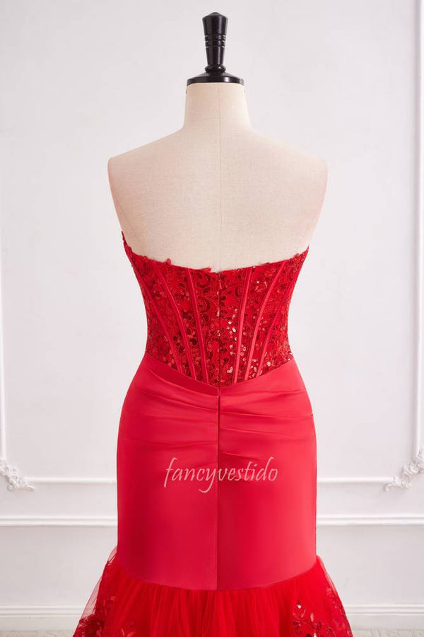 Red Sweetheart Sequin Pleated Ruffle Mermaid Prom Dress