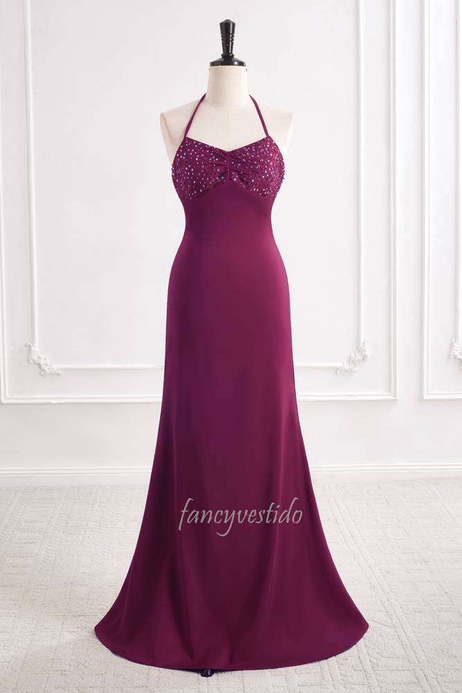 Halter Sequin Sheath Maxi Prom Dress with Lace-ip Back