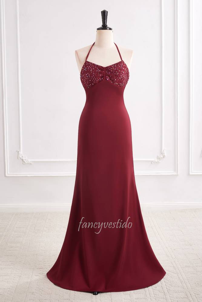 Halter Sequin Sheath Maxi Prom Dress with Lace-ip Back