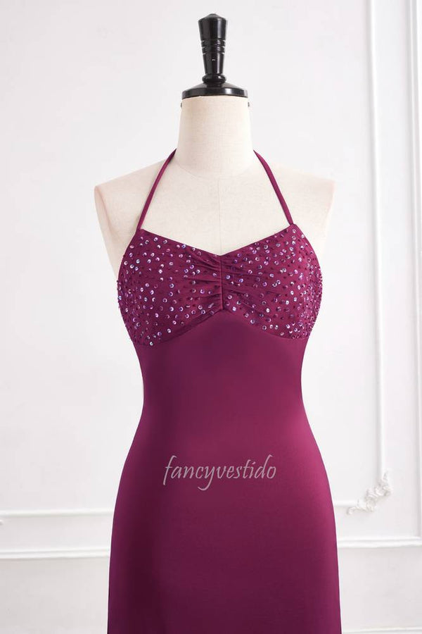 Halter Sequin Sheath Maxi Prom Dress with Lace-ip Back