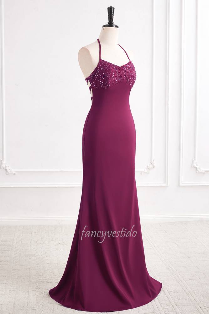 Halter Sequin Sheath Maxi Prom Dress with Lace-ip Back