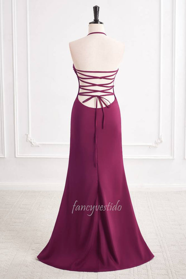 Halter Sequin Sheath Maxi Prom Dress with Lace-ip Back