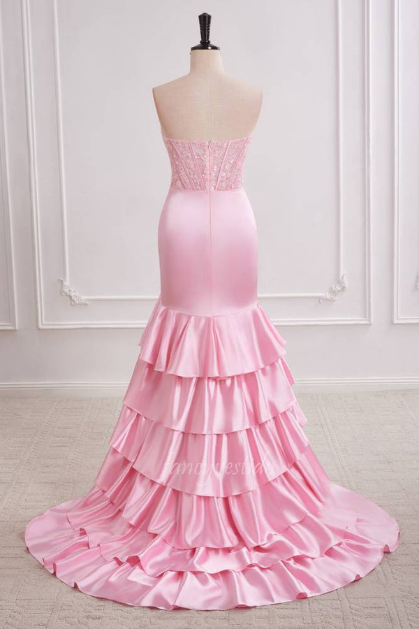 Princess Pink Strapless Ruffle Layered Mermaid Prom Dress