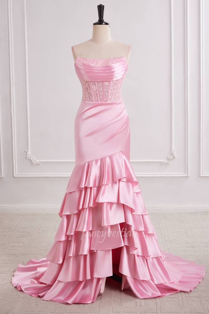 Princess Pink Strapless Ruffle Layered Mermaid Prom Dress