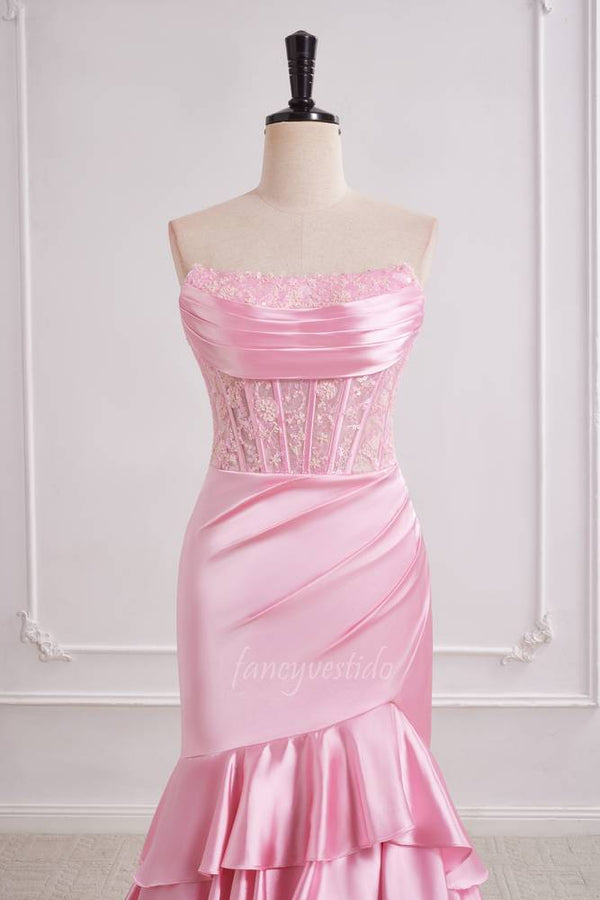 Princess Pink Strapless Ruffle Layered Mermaid Prom Dress