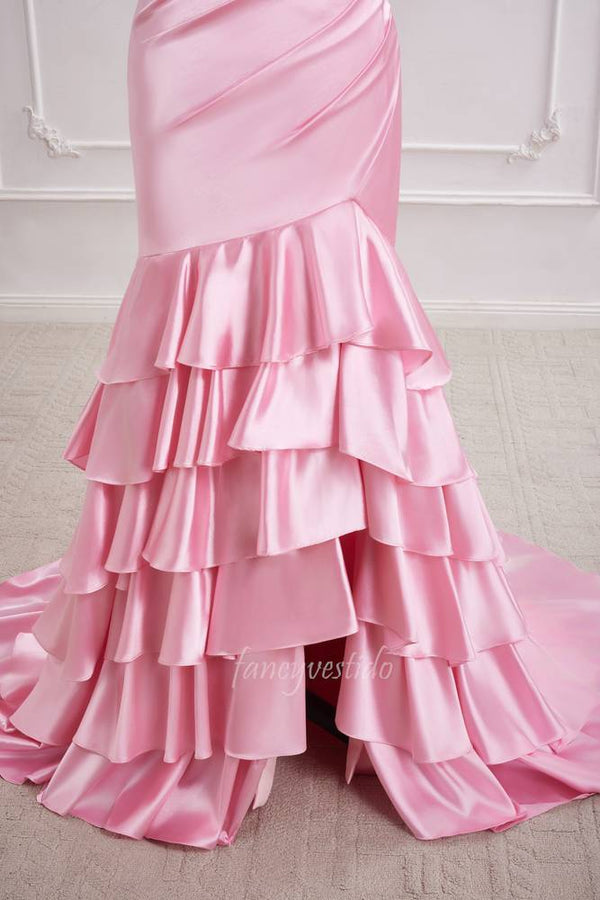 Princess Pink Strapless Ruffle Layered Mermaid Prom Dress