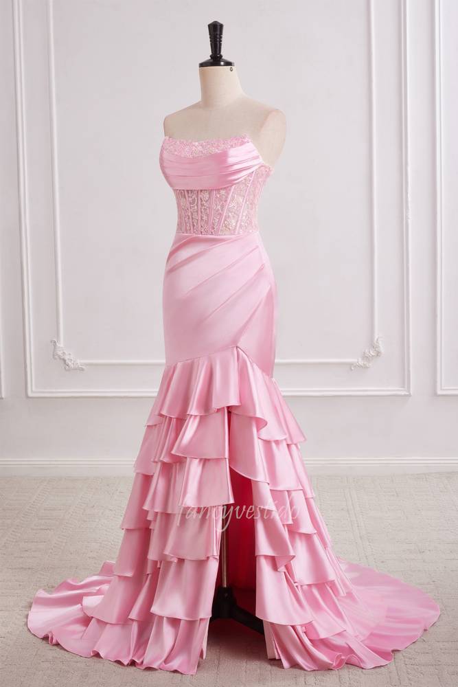 Princess Pink Strapless Ruffle Layered Mermaid Prom Dress