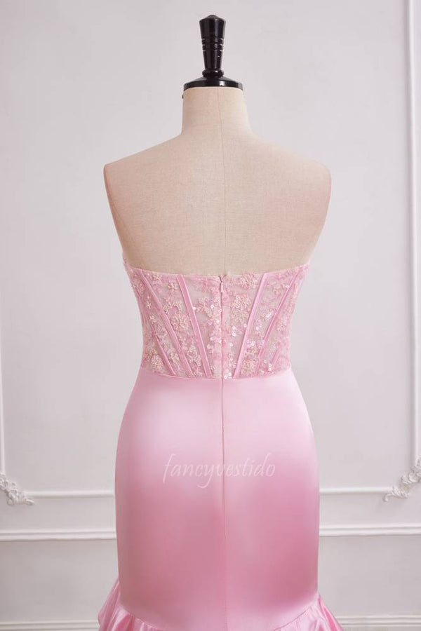 Princess Pink Strapless Ruffle Layered Mermaid Prom Dress