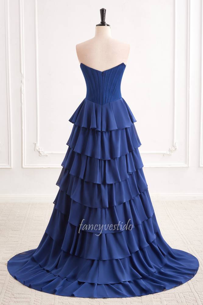 Navy Blue Strapless Boned Ruffle Layered Chiffon Prom Dress FancyVestido Navy Blue Strapless Boned Ruffle Layered Chiffon Prom Dress FancyVestido