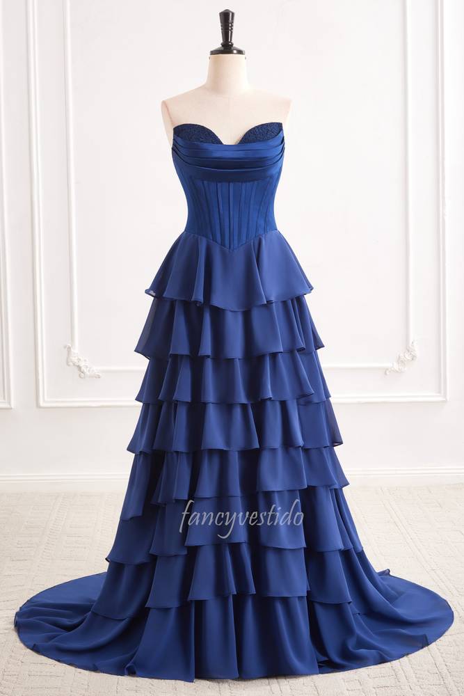 Navy Blue Strapless Boned Ruffle Layered Chiffon Prom Dress
