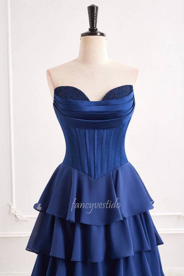 Navy Blue Strapless Boned Ruffle Layered Chiffon Prom Dress
