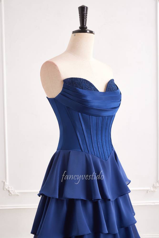 Navy Blue Strapless Boned Ruffle Layered Chiffon Prom Dress FancyVestido Navy Blue Strapless Boned Ruffle Layered Chiffon Prom Dress FancyVestido