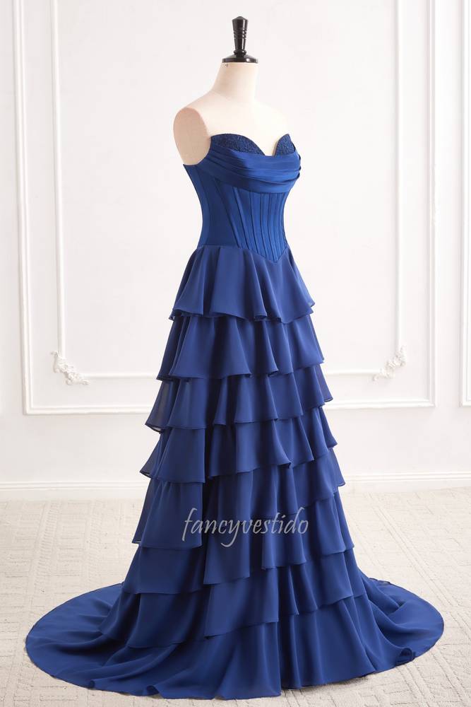 Navy Blue Strapless Boned Ruffle Layered Chiffon Prom Dress