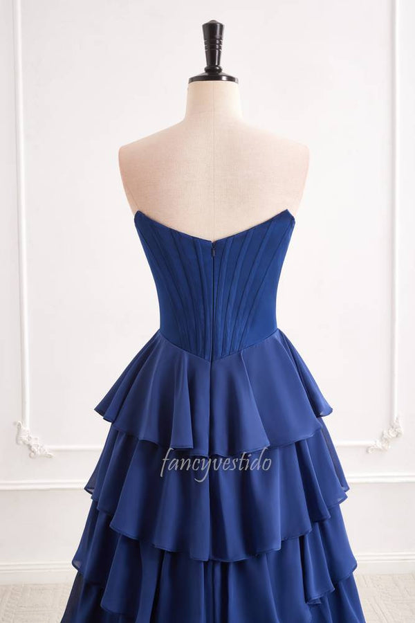Navy Blue Strapless Boned Ruffle Layered Chiffon Prom Dress