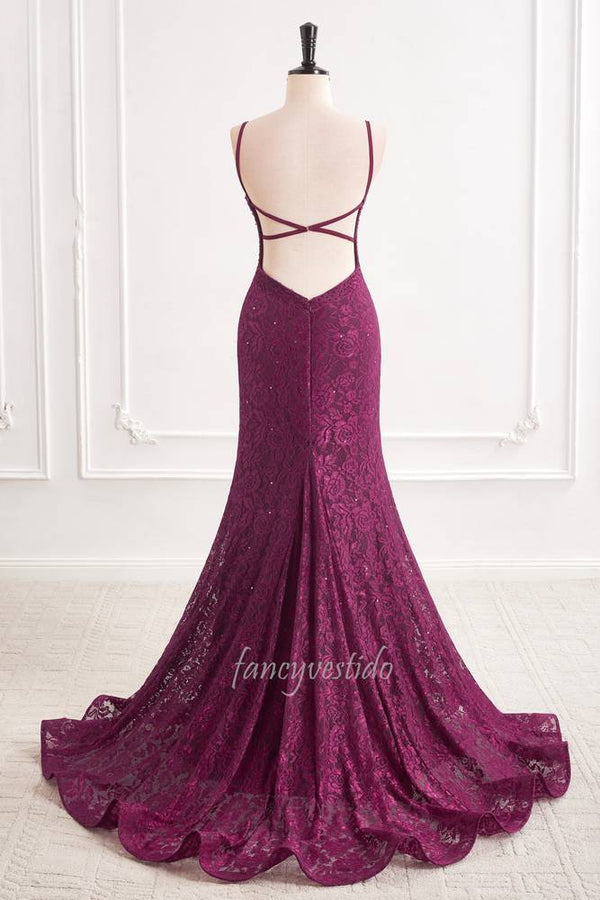 Purple Straps V-Neck Lace Slit Mermaid Evening Prom Dress