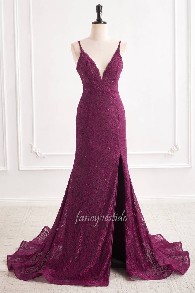 Purple Straps V-Neck Lace Slit Mermaid Evening Prom Dress