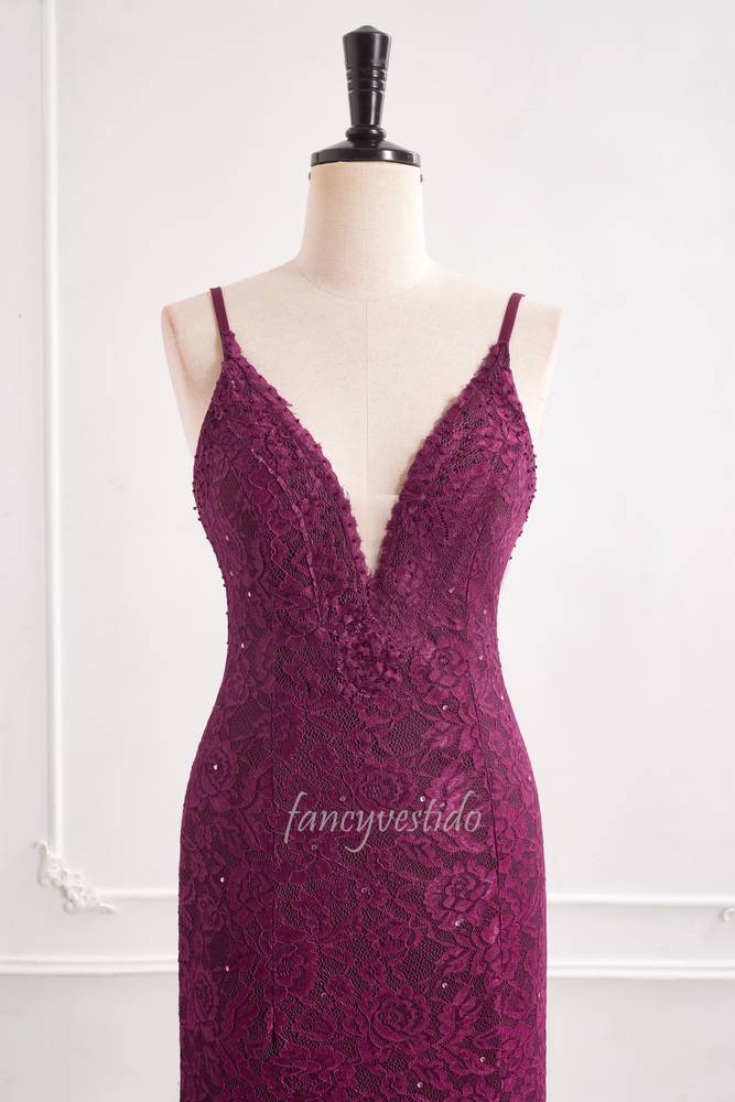 Purple Straps V-Neck Lace Slit Mermaid Evening Prom Dress