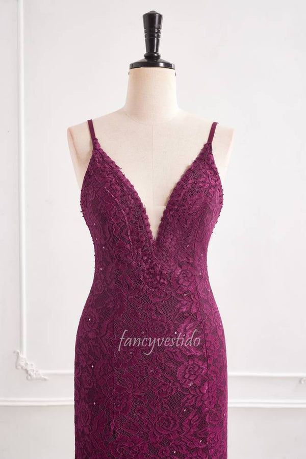 Purple Straps V-Neck Lace Slit Mermaid Evening Prom Dress