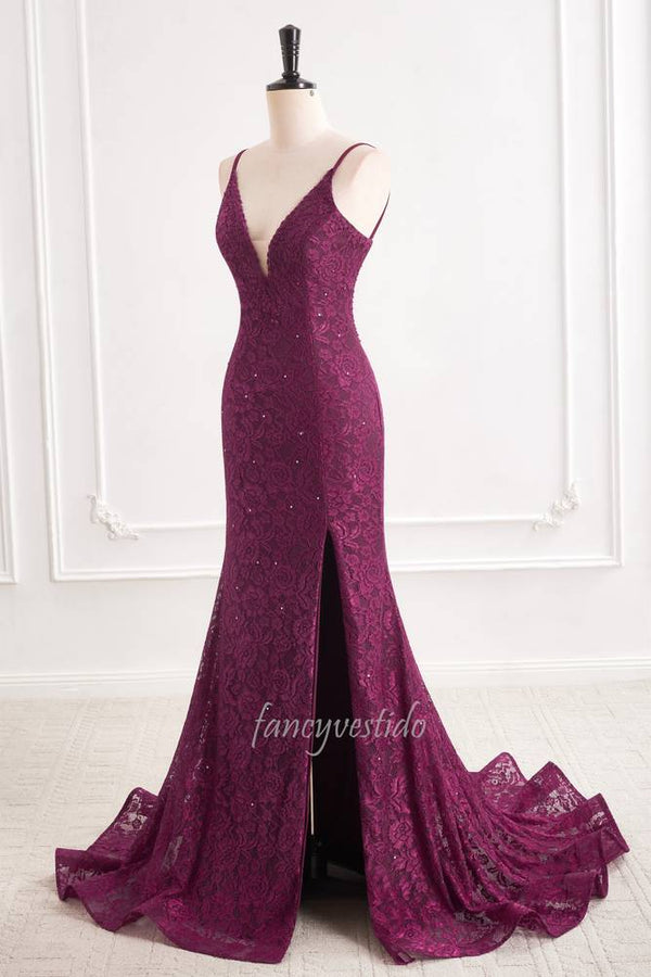 Purple Straps V-Neck Lace Slit Mermaid Evening Prom Dress