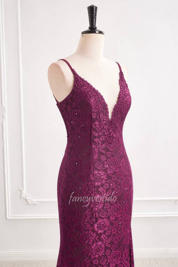 Purple Straps V-Neck Lace Slit Mermaid Evening Prom Dress