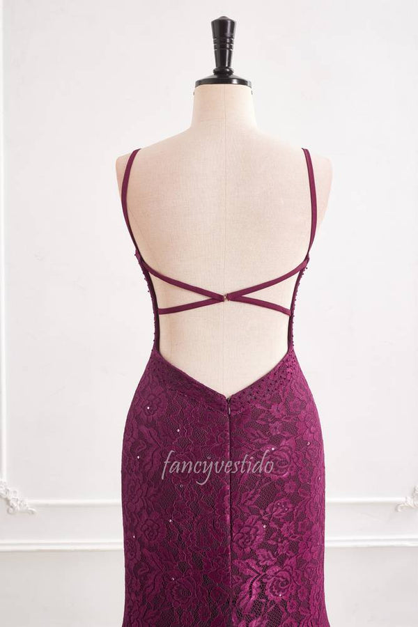 Purple Straps V-Neck Lace Slit Mermaid Evening Prom Dress
