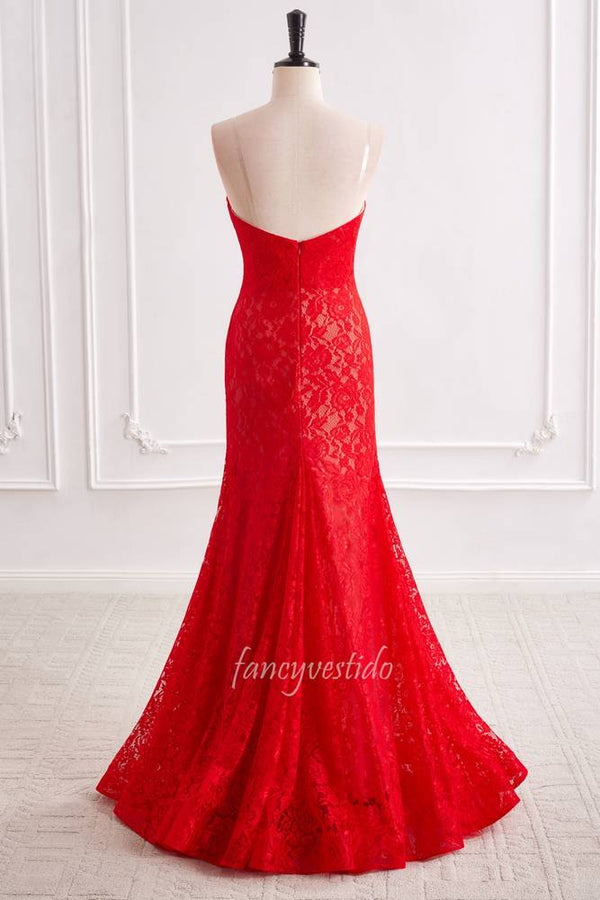 Elegant Red Strapless V-Neck Lace Evening Prom Dress