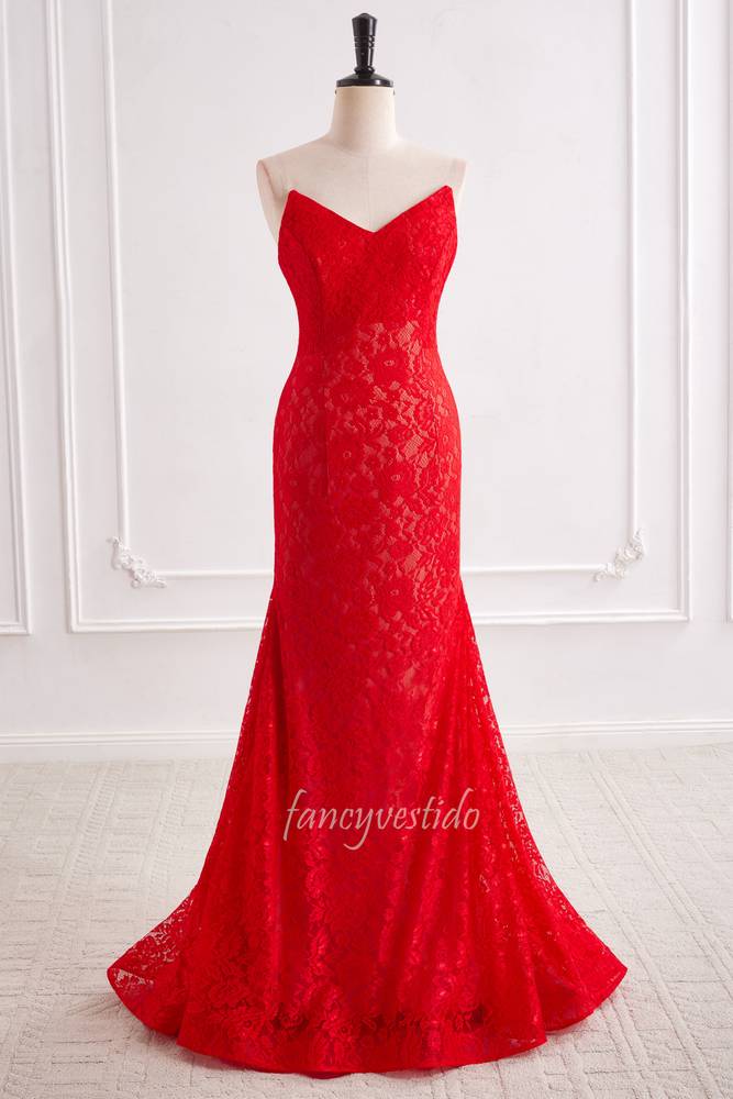 Elegant Red Strapless V-Neck Lace Evening Prom Dress