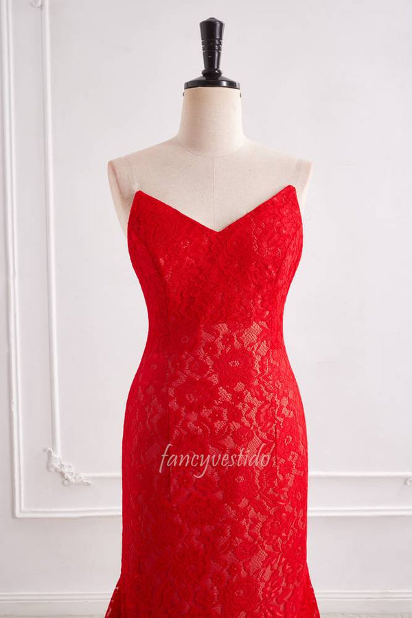 Elegant Red Strapless V-Neck Lace Evening Prom Dress