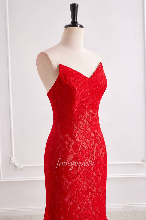 Elegant Red Strapless V-Neck Lace Evening Prom Dress