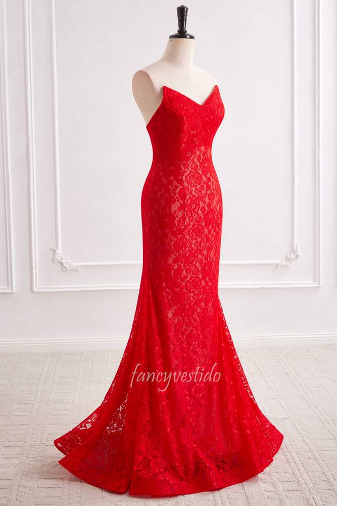 Elegant Red Strapless V-Neck Lace Evening Prom Dress