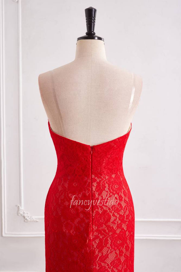 Elegant Red Strapless V-Neck Lace Evening Prom Dress