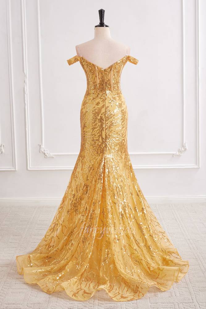 Gold Sequin Slit Mermaid Prom Dress with Off Shoulder FancyVestido Gold Sequin Slit Mermaid Prom Dress with Off Shoulder FancyVestido