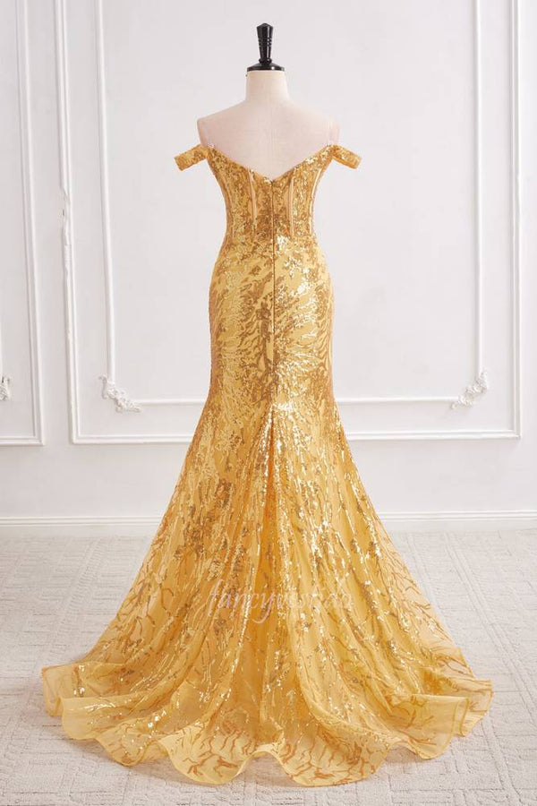 Gold Sequin Slit Mermaid Prom Dress with Off Shoulder