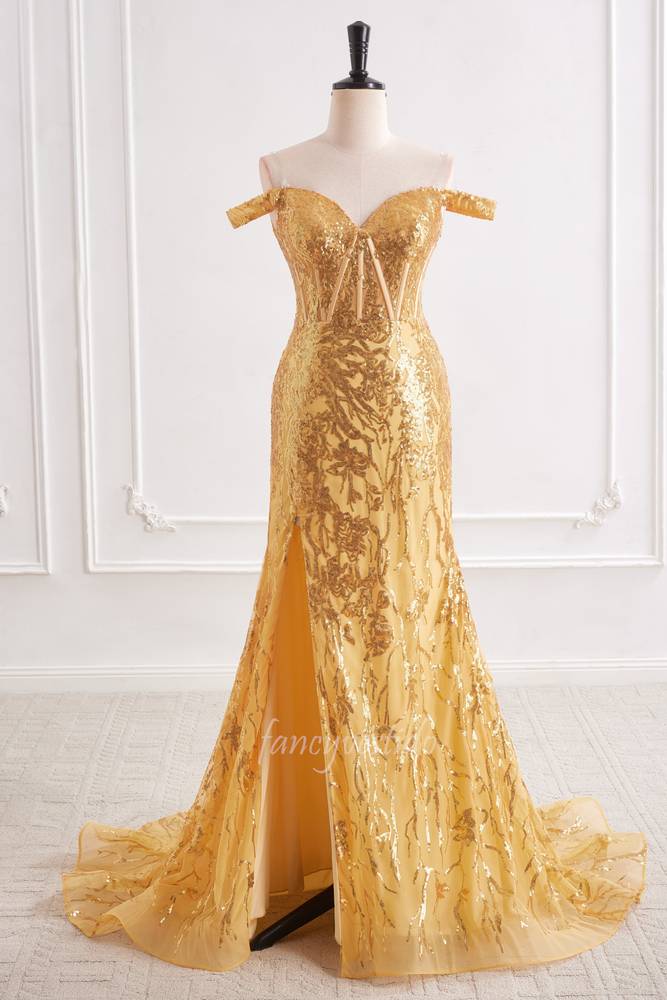 Gold Sequin Slit Mermaid Prom Dress with Off Shoulder