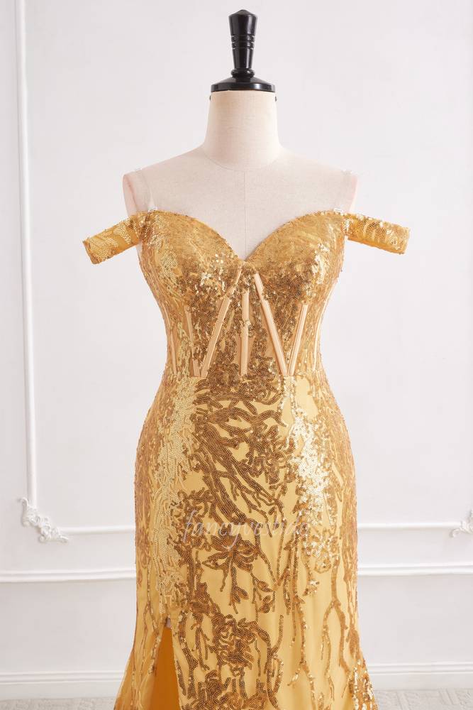 Gold Sequin Slit Mermaid Prom Dress with Off Shoulder FancyVestido Gold Sequin Slit Mermaid Prom Dress with Off Shoulder FancyVestido