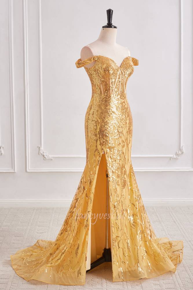 Gold Sequin Slit Mermaid Prom Dress with Off Shoulder
